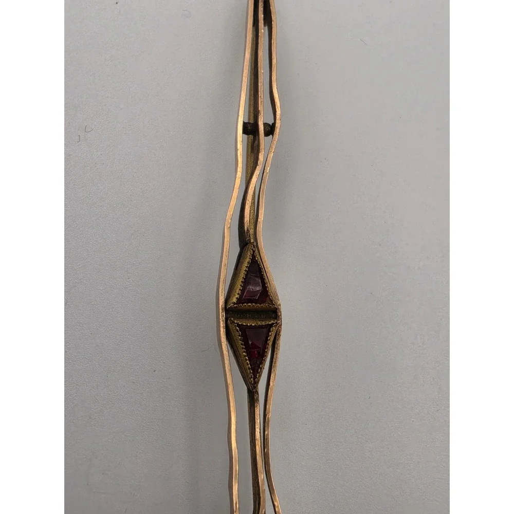 Antique Gold Tone Red Glass Triangle Geometric Bar Pin Brooch 3.25 Inch
